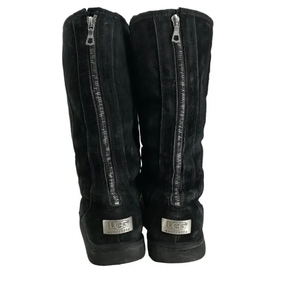 Ugg Knightsbridge Zip Up Calf Suede Leather Boots Size 8 Black Sheepskin
