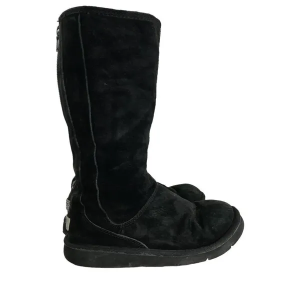 Ugg Knightsbridge Zip Up Calf Suede Leather Boots Size 8 Black Sheepskin