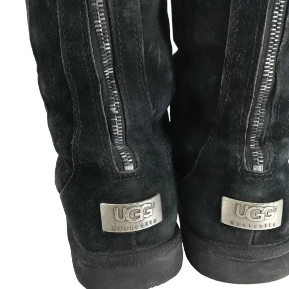 Ugg Knightsbridge Zip Up Calf Suede Leather Boots Size 8 Black Sheepskin