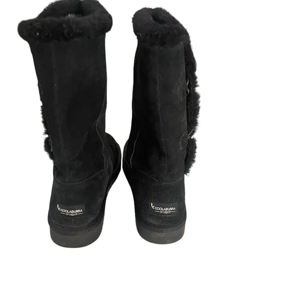 UGG Koolaburra Tall Black Suede Slip On Faux Fur  Boots Silver Button Size 8