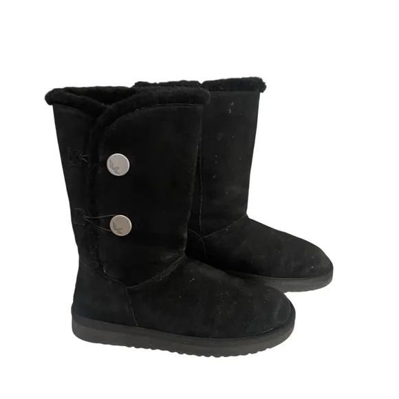 UGG Koolaburra Tall Black Suede Slip On Faux Fur  Boots Silver Button Size 8