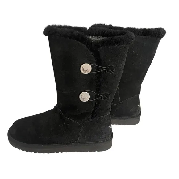 UGG Koolaburra Tall Black Suede Slip On Faux Fur  Boots Silver Button Size 8