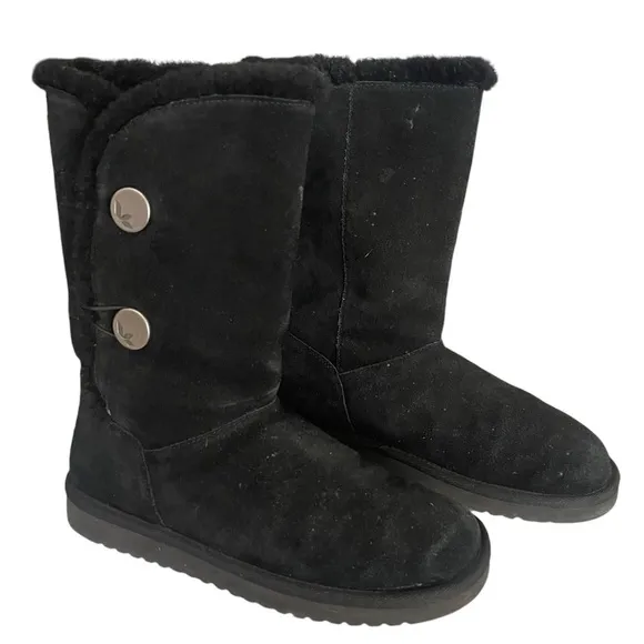 UGG Koolaburra Tall Black Suede Slip On Faux Fur  Boots Silver Button Size 8