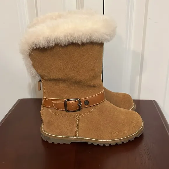 Ugg Nessa Tan Suede Leather Buckle Shearling Zip Up Back Girls Boots 9
