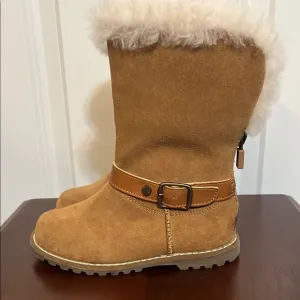 Ugg Nessa Tan Suede Leather Buckle Shearling Zip Up Back Girls Boots 9