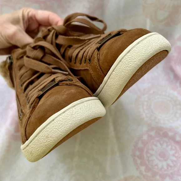 UGG Olive Leather Genuine Shearling High Top Sneaker Shoes Size 8 Chestn…