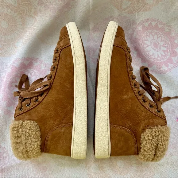 UGG Olive Leather Genuine Shearling High Top Sneaker Shoes Size 8 Chestn…