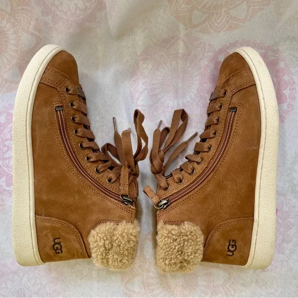UGG Olive Leather Genuine Shearling High Top Sneaker Shoes Size 8 Chestn…
