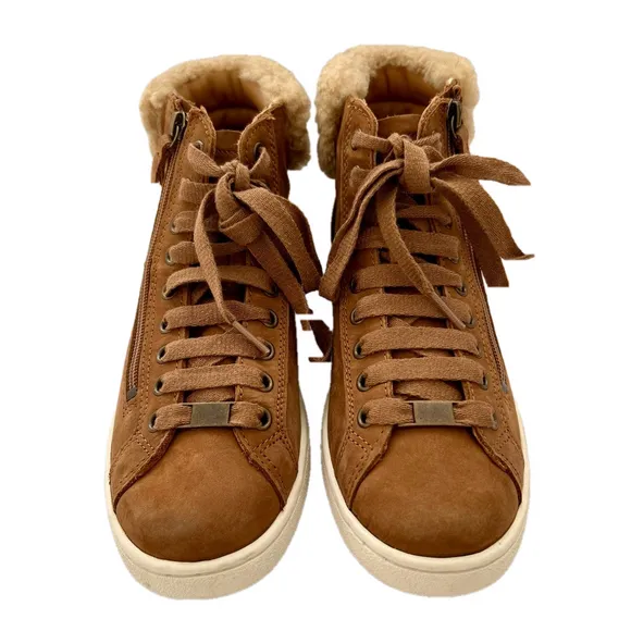UGG Olive Leather Genuine Shearling High Top Sneaker Shoes Size 8 Chestn…