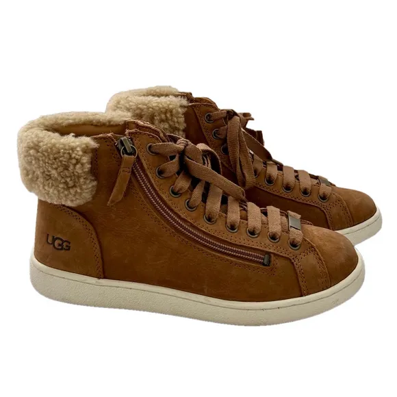 UGG Olive Leather Genuine Shearling High Top Sneaker Shoes Size 8 Chestn…