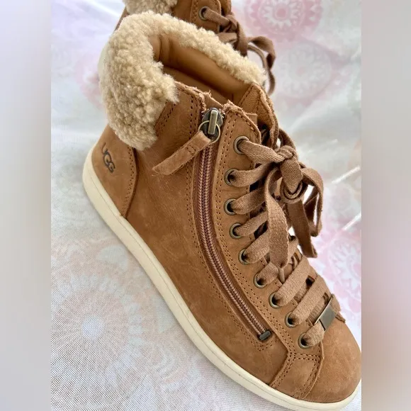 UGG Olive Leather Genuine Shearling High Top Sneaker Shoes Size 8 Chestn…