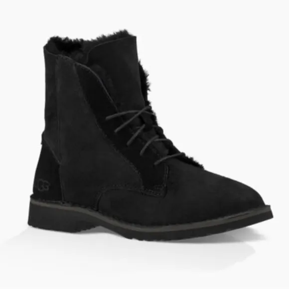 Ugg Quincy Boots Black Suede Leather Sheepskin Combat Boots Ankle Boots Size 9.5