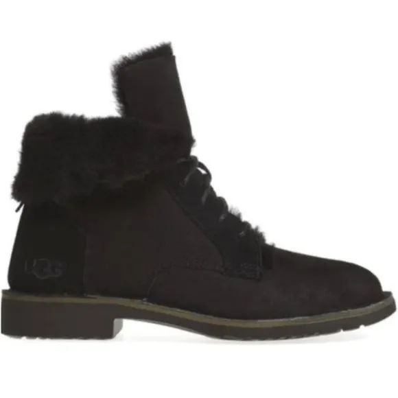 Ugg Quincy Boots Black Suede Leather Sheepskin Combat Boots Ankle Boots Size 9.5