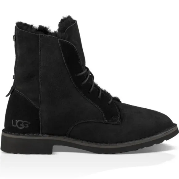 Ugg Quincy Boots Black Suede Leather Sheepskin Combat Boots Ankle Boots Size 9.5
