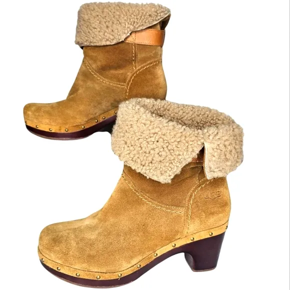 UGG Womens Chestnut Suede LYNNEA CLOG BOOTS Shearling Lined Fold Up/Down  sz 8