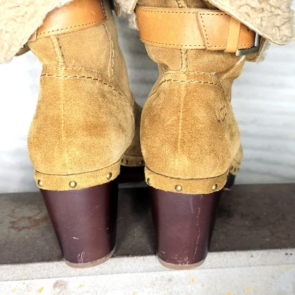 UGG Womens Chestnut Suede LYNNEA CLOG BOOTS Shearling Lined Fold Up/Down  sz 8