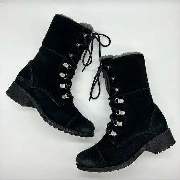 UGG Women’s Gradin Black Suede Combat Lace Up Boots Size 7