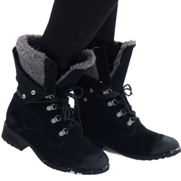 UGG Women’s Gradin Black Suede Combat Lace Up Boots Size 7