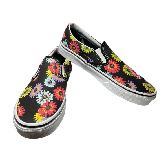 Vans Classic Slip On Peace Floral Black Shoes Sneakers Womens Size 8 Mens 6.5