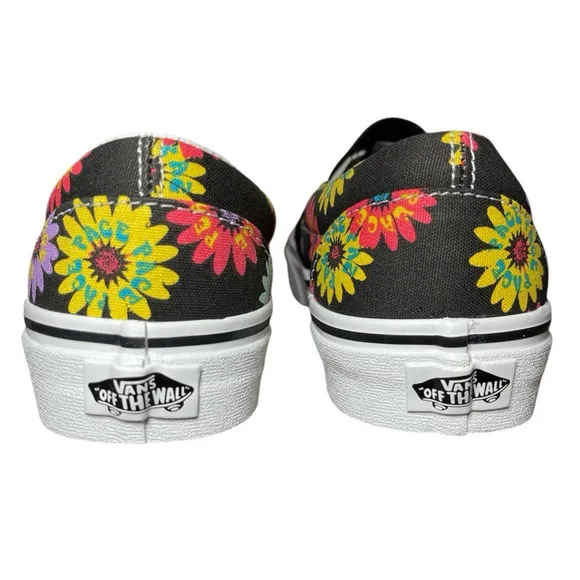 Vans Classic Slip On Peace Floral Black Shoes Sneakers Womens Size 8 Mens 6.5