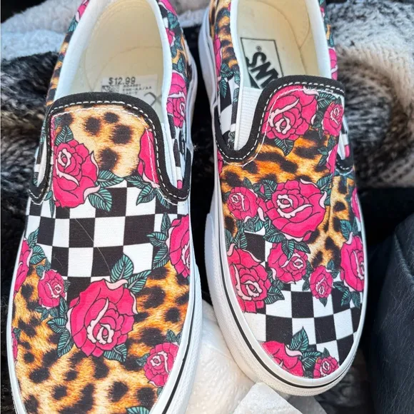 Vans Classic Slip -ON Rose /Animal checkerboard skate Shoes