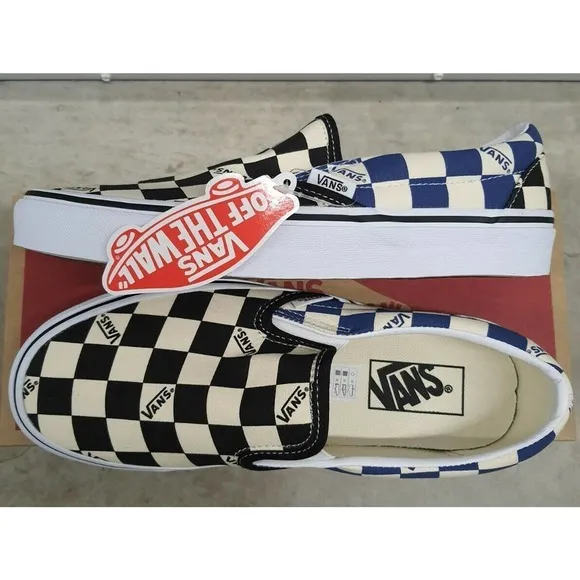 Vans Classic Slip‎ On Shoes (Big Check) Black/Navy Mens SZ 6.5 Womens 8 New