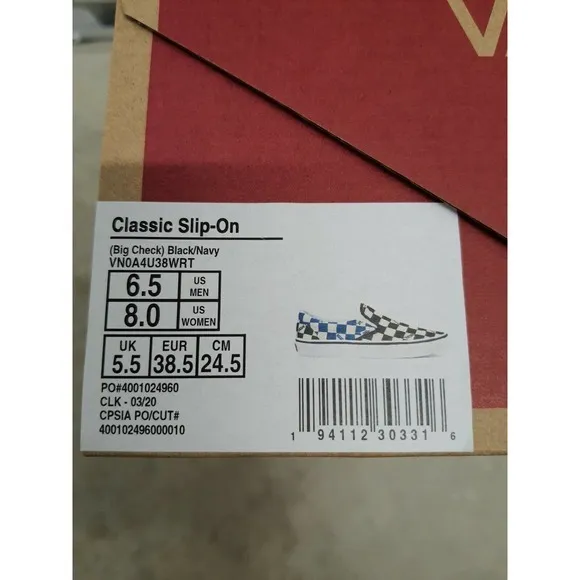 Vans Classic Slip‎ On Shoes (Big Check) Black/Navy Mens SZ 6.5 Womens 8 New