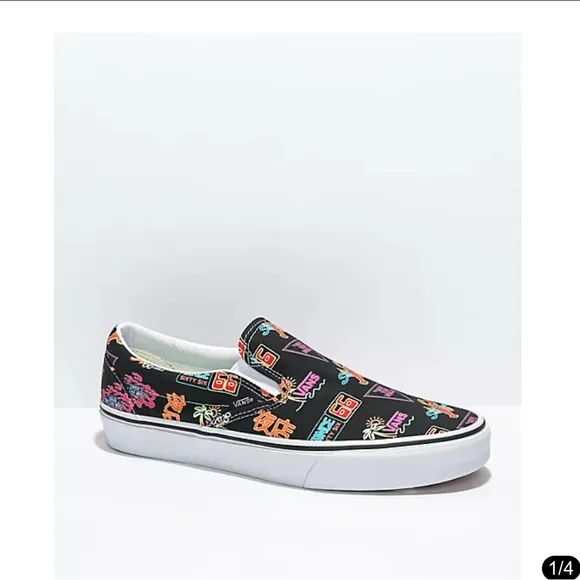 VANS CLASSIC SLIP ON SHOES SNEAKERS MARKET BLACK NEON MENS SIZE 8  women’s 9.5