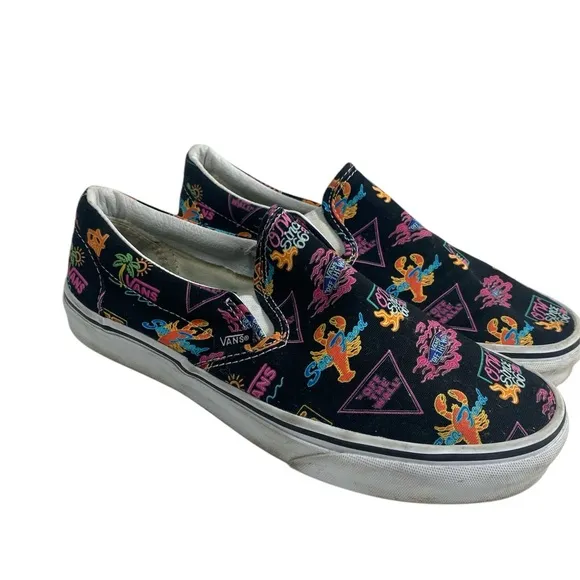 VANS CLASSIC SLIP ON SHOES SNEAKERS MARKET BLACK NEON MENS SIZE 8  women’s 9.5