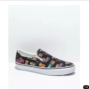VANS CLASSIC SLIP ON SHOES SNEAKERS MARKET BLACK NEON MENS SIZE 8  women’s 9.5