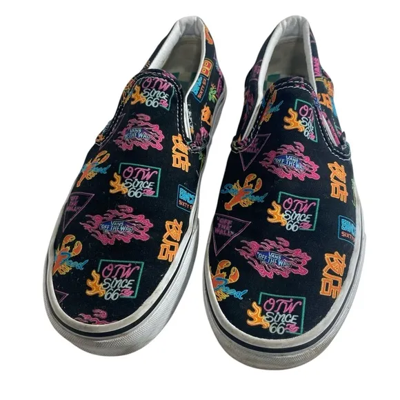 VANS CLASSIC SLIP ON SHOES SNEAKERS MARKET BLACK NEON MENS SIZE 8  women’s 9.5