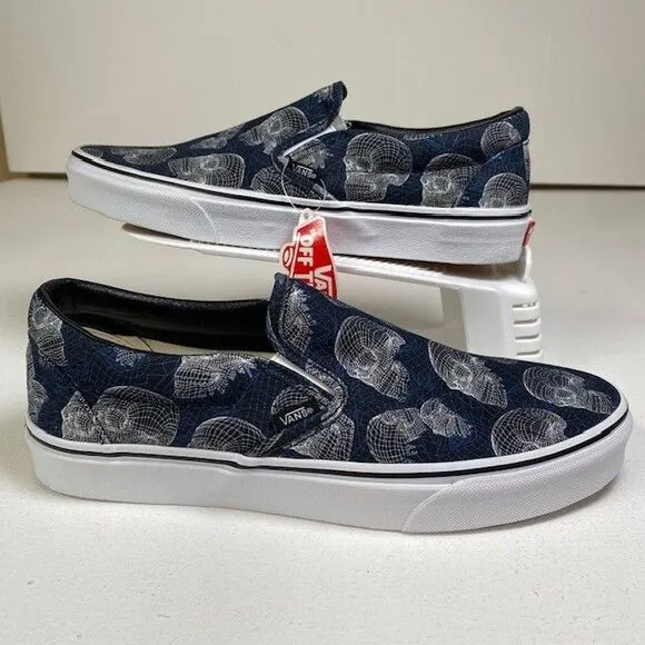 Vans Classic Slip-On Wireframe‎ Skull Print Navy Canvas Sneakers US Men's 10