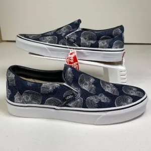 Vans Classic Slip-On Wireframe‎ Skull Print Navy Canvas Sneakers US Men's 10