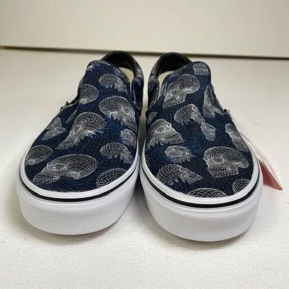 Vans Classic Slip-On Wireframe‎ Skull Print Navy Canvas Sneakers US Men's 10