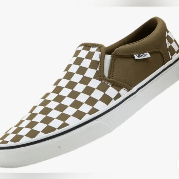 Vans Men's Slip-On Checkerboard Sneakers Military Green/White Size 12 MSRP $70