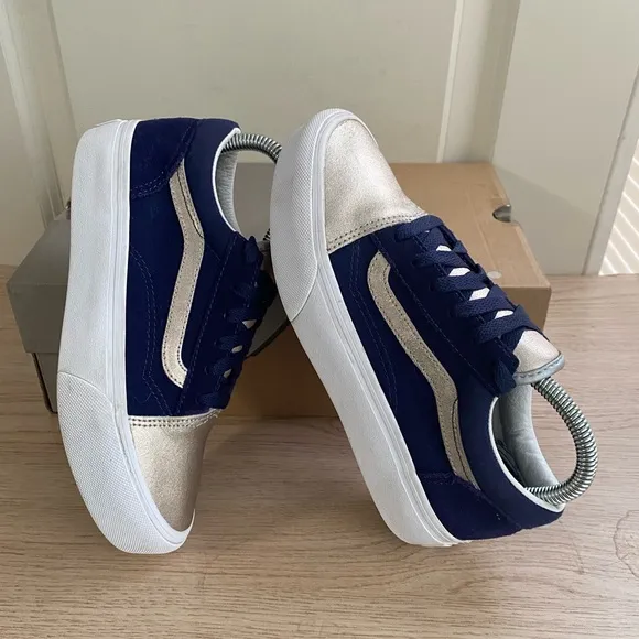 Vans Metallic Navy/Silver Platform Sneakers Casual Shoes - 4.5 Y- 6 W