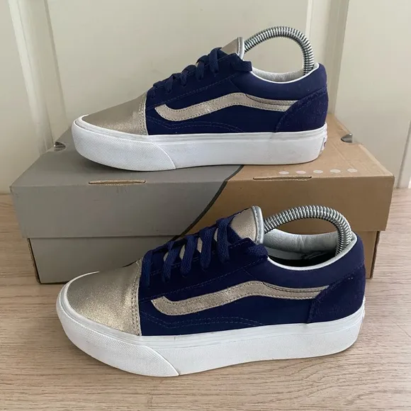 Vans Metallic Navy/Silver Platform Sneakers Casual Shoes - 4.5 Y- 6 W