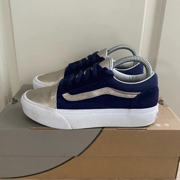 Vans Metallic Navy/Silver Platform Sneakers Casual Shoes - 4.5 Y- 6 W