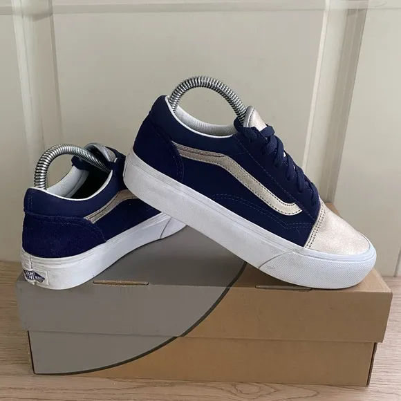Vans Metallic Navy/Silver Platform Sneakers Casual Shoes - 4.5 Y- 6 W