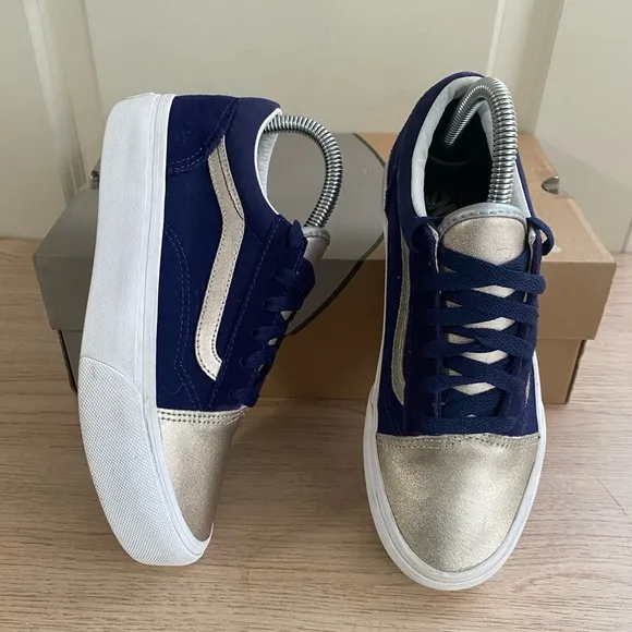 Vans Metallic Navy/Silver Platform Sneakers Casual Shoes - 4.5 Y- 6 W