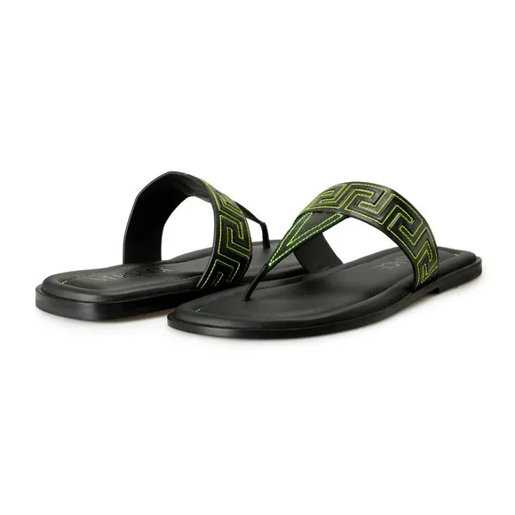 Versace Men's Black &amp; Green Leather Pool Slide Flip Flops Shoes US 12 IT 45