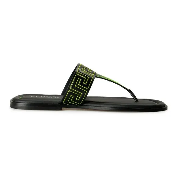 Versace Men's Black &amp; Green Leather Pool Slide Flip Flops Shoes US 12 IT 45