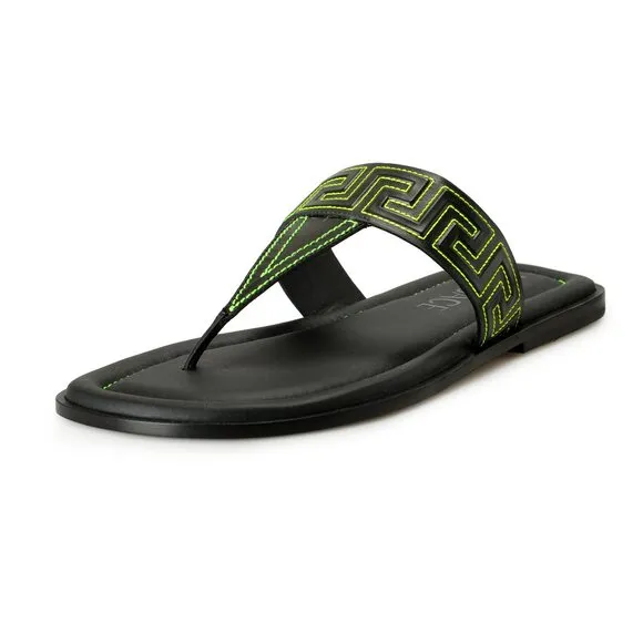Versace Men's Black &amp; Green Leather Pool Slide Flip Flops Shoes US 12 IT 45