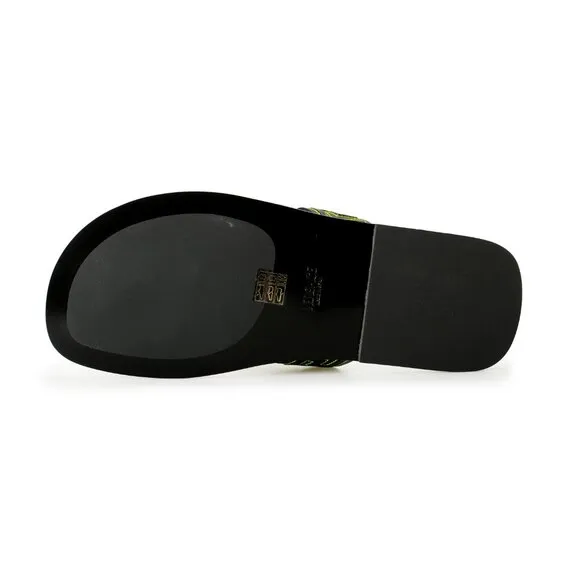 Versace Men's Black &amp; Green Leather Pool Slide Flip Flops Shoes US 12 IT 45