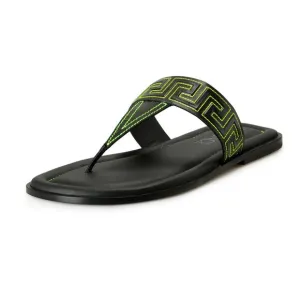 Versace Men's Black &amp; Green Leather Pool Slide Flip Flops Shoes US 12 IT 45