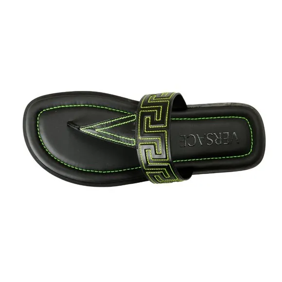 Versace Men's Black &amp; Green Leather Pool Slide Flip Flops Shoes US 12 IT 45