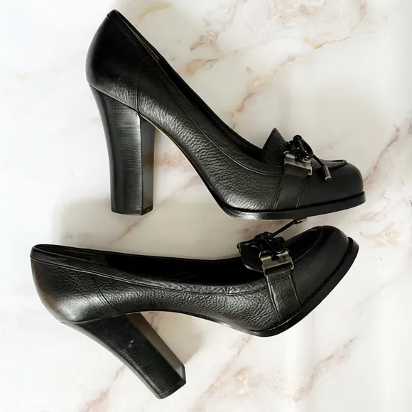 Via Spiga black heeled Italian leather loafers