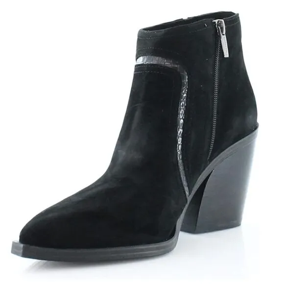 Vince Camuto Womens Granda Suede Croco Print Trim Ankle Boots, Black Size 10 NWT