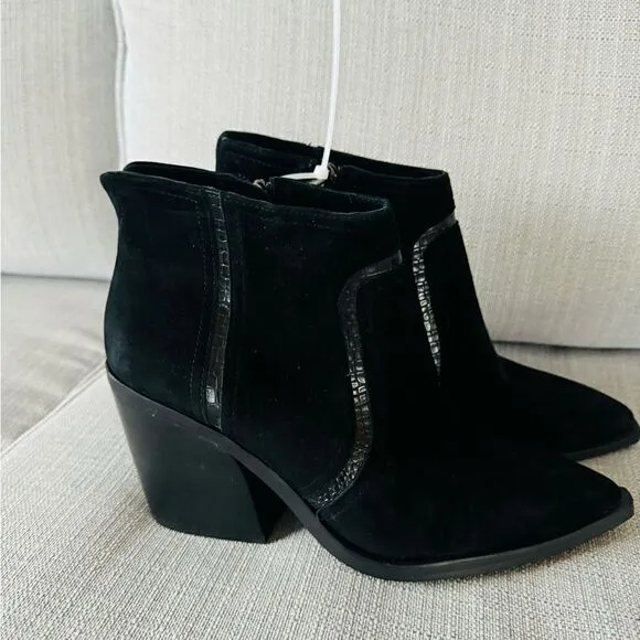 Vince Camuto Womens Granda Suede Croco Print Trim Ankle Boots, Black Size 10 NWT