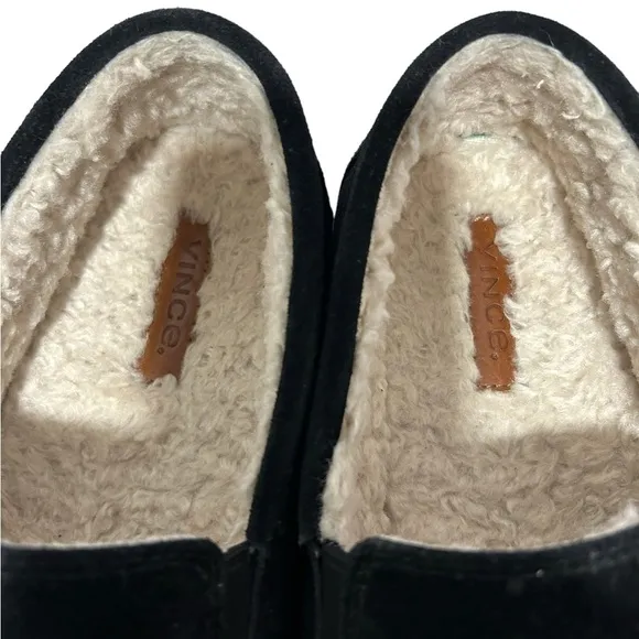 VINCE mens Gomez black suede faux fur lined slip on loafers | SZ 10